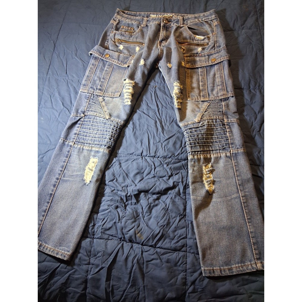 Trillnation‎ Moto Jeans Mens 34x30 Bleach Dyed Ribbed Streetwear Tapered Fit
